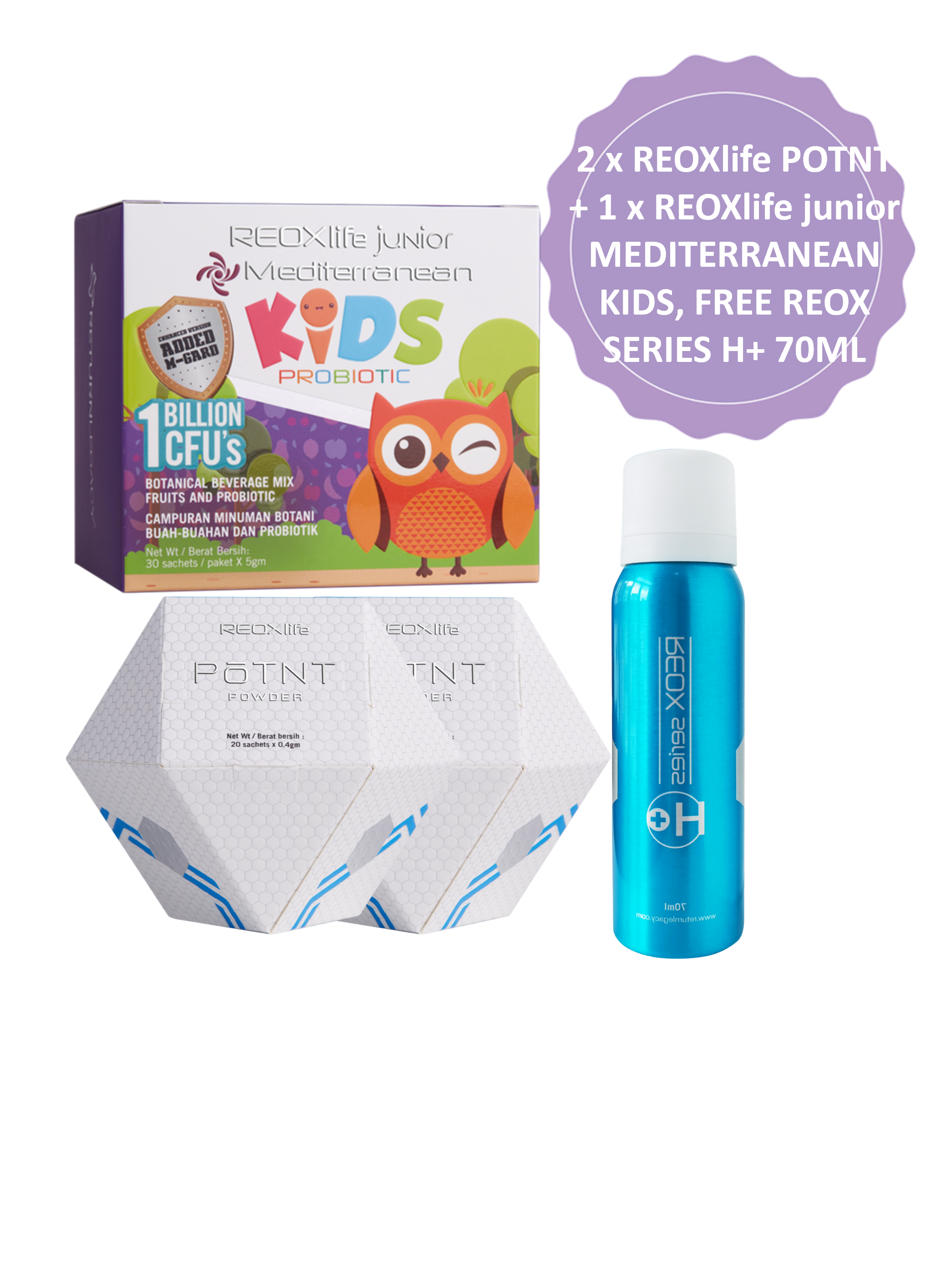 2 x REOXlife POTNT + 1 x REOXlife junior MEDITERRANEAN KIDS, FREE REOX SERIES H+ 70ML